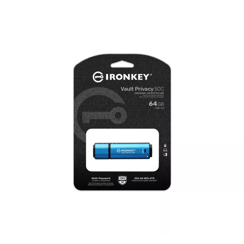 Kingston Technology IronKey 64GB USB-C Vault Privacy 50C AES-256 krüpteeritud, FIPS 197