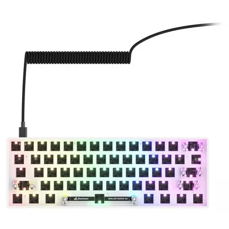 Kompaktne 60% juhtmega klaviatuur Sharkoon SKILLER SGK50 S4 — QWERTY saksa paigutus, RGB-taustvalgustus, USB, 1,5 m kaabel, valge