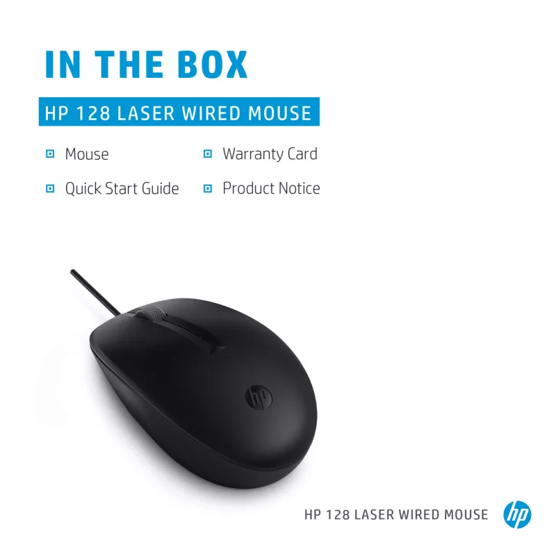HP 128 Laseriga juhtmega hiir, mõlemakäeline, laser, USB Type-A, 1200 DPI, must