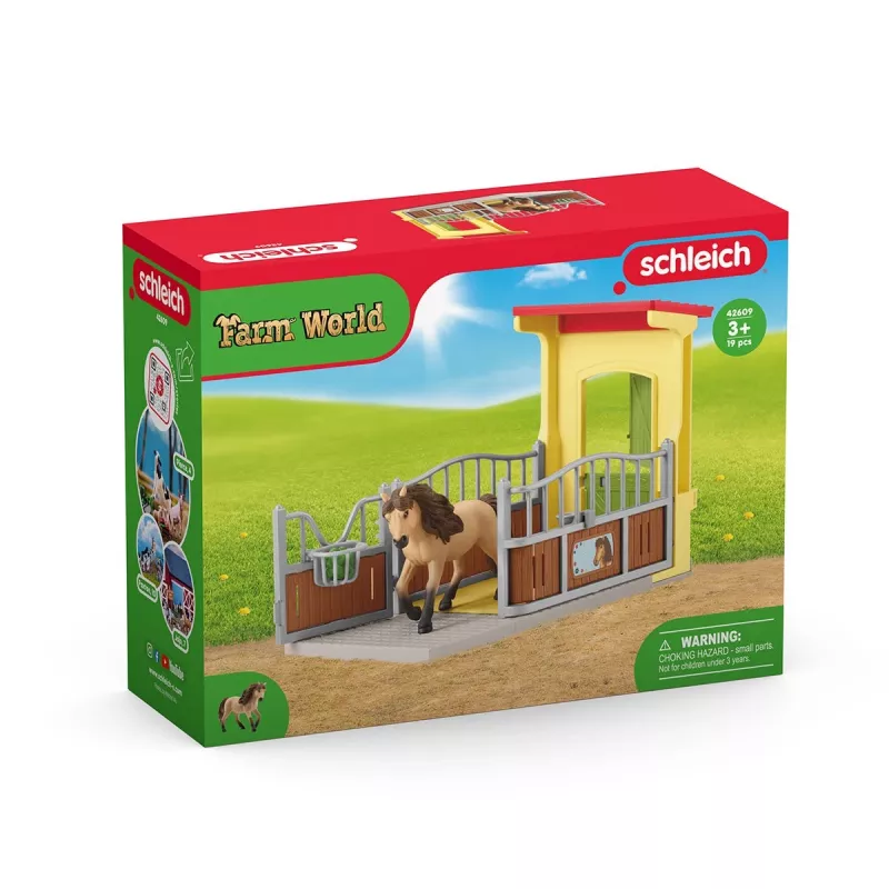 schleich FARM WORLD Poniboks Islandi poni täkuga, talu, hooned, taluloomad/talumänguasjad, hobusetall, hobused, 3 a, mitmevärviline