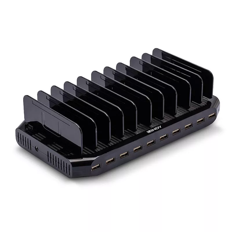 Lindy 96W 10-pordiline USB-laadimisjaam, eraldiseisev, plastik, must, kontakt, Ühildub kõigi USB Type A seadmetega, toide