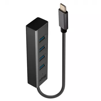 Lindy 4 pordiga USB 3.2 Type C jaotur, hostiliides: USB 3.2 Gen 1 (3.1 Gen 1) USB-C, jaoturi liidesed: USB 3.2 Gen 1 (3.1 Gen 1) Type-A, 5000 Mbit/s, Hall, Alumiinium, Plastik, 0.3 m