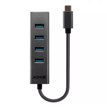 Lindy 4 pordiga USB 3.2 Type C jaotur, hostiliides: USB 3.2 Gen 1 (3.1 Gen 1) USB-C, jaoturi liidesed: USB 3.2 Gen 1 (3.1 Gen 1) Type-A, 5000 Mbit/s, Hall, Alumiinium, Plastik, 0.3 m