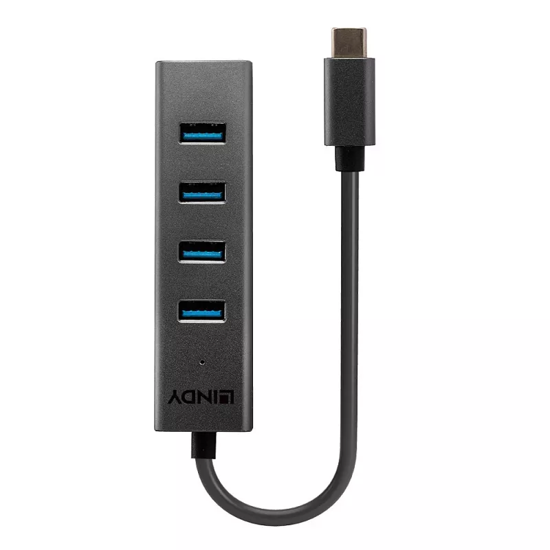 Lindy 4 pordiga USB 3.2 Type C jaotur, hostiliides: USB 3.2 Gen 1 (3.1 Gen 1) USB-C, jaoturi liidesed: USB 3.2 Gen 1 (3.1 Gen 1) Type-A, 5000 Mbit/s, Hall, Alumiinium, Plastik, 0.3 m