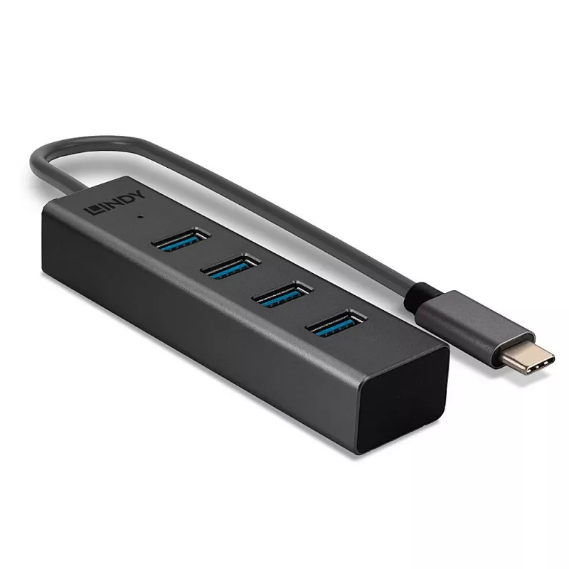 Lindy 4 pordiga USB 3.2 Type C jaotur, hostiliides: USB 3.2 Gen 1 (3.1 Gen 1) USB-C, jaoturi liidesed: USB 3.2 Gen 1 (3.1 Gen 1) Type-A, 5000 Mbit/s, Hall, Alumiinium, Plastik, 0.3 m