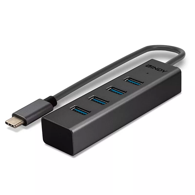 Lindy 4 pordiga USB 3.2 Type C jaotur, hostiliides: USB 3.2 Gen 1 (3.1 Gen 1) USB-C, jaoturi liidesed: USB 3.2 Gen 1 (3.1 Gen 1) Type-A, 5000 Mbit/s, Hall, Alumiinium, Plastik, 0.3 m