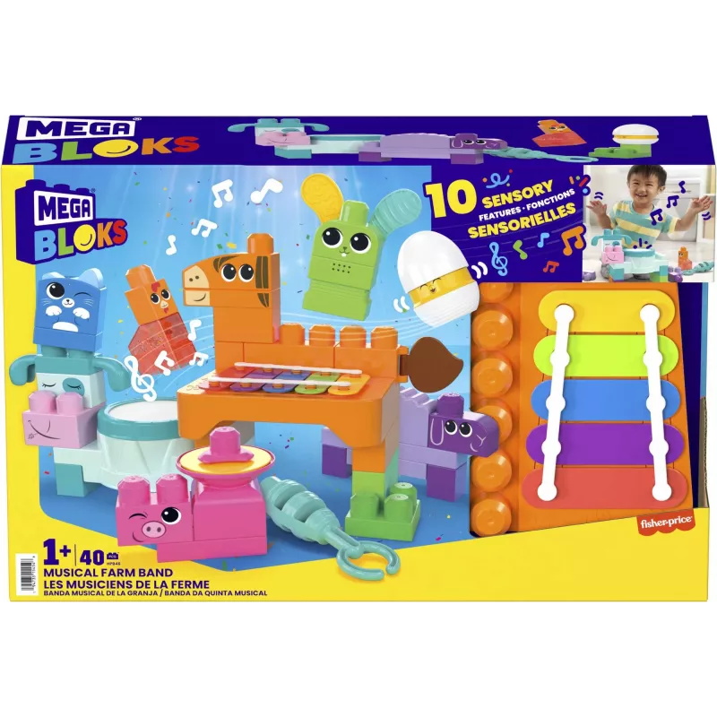 MEGA BLOKS Fisher Price Musical Farm Band Sensorne klotsimänguasi (45 detaili) väikelastele