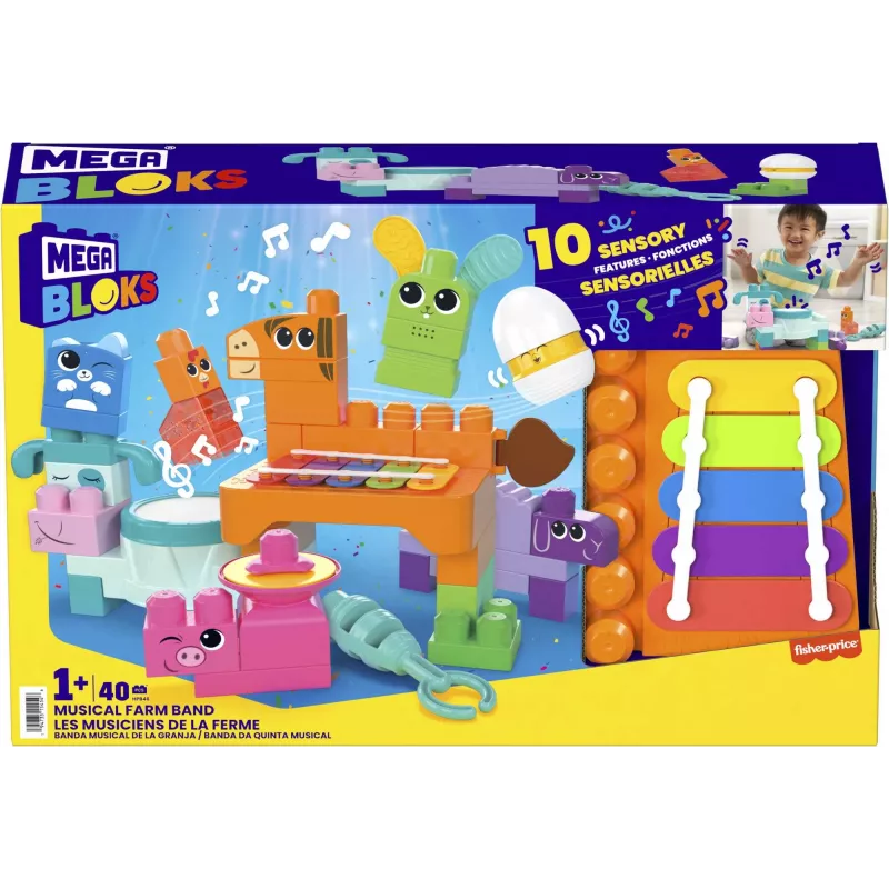 MEGA BLOKS Fisher Price Musical Farm Band Sensorne klotsimänguasi (45 detaili) väikelastele