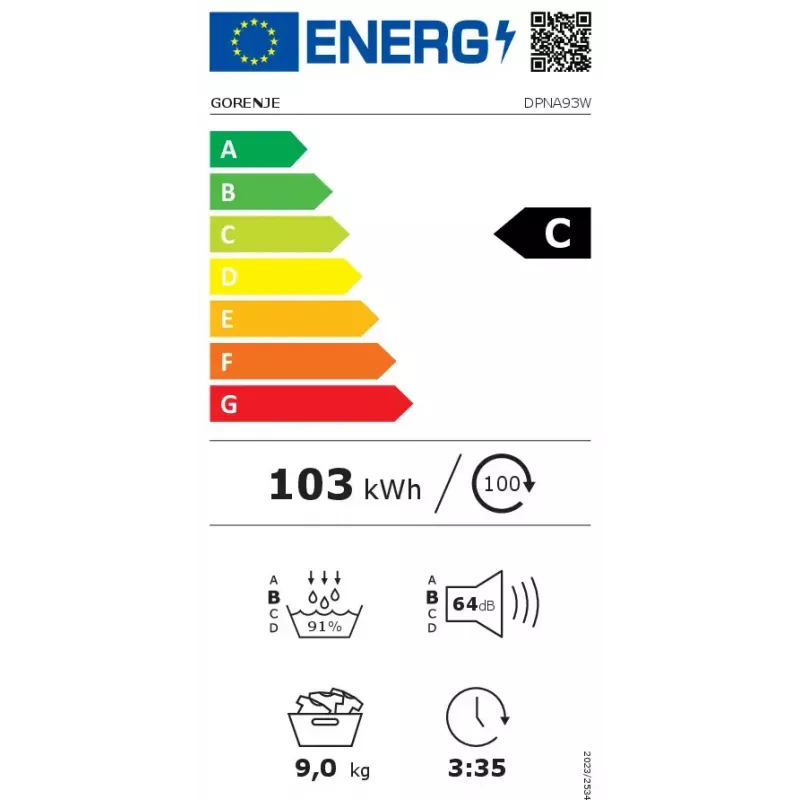 Kuivati Gorenje DPNA93W soojuspumbaga, eraldiseisev esilaadimisega, 9 kg, valge, energiaklass C