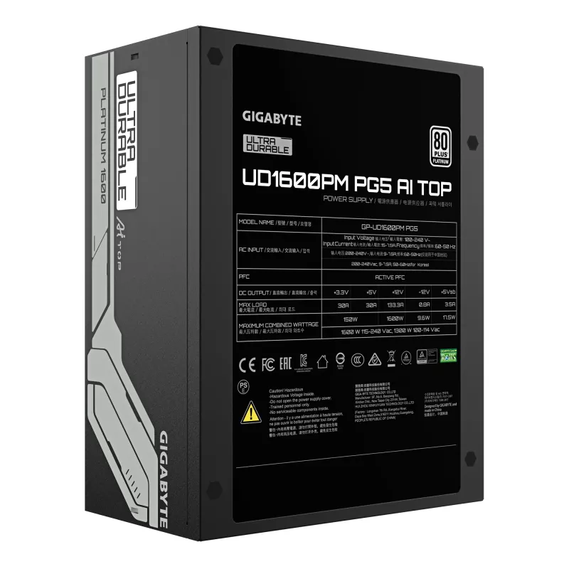 Toiteplokk GIGABYTE UD1600PM PG5 1600W, 80 PLUS Platinum, 92% tõhusus, 20+4 pin ATX, 120 mm ventilaator, must