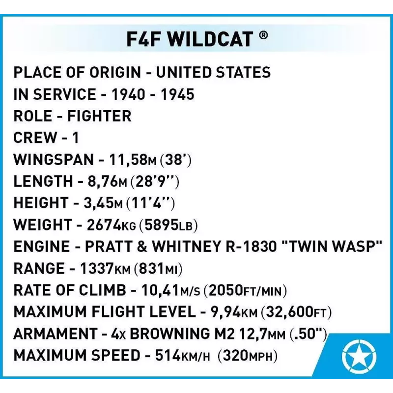 Ehitusklotsid COBI F4F Wildcat Northrop Grumman 375 tk