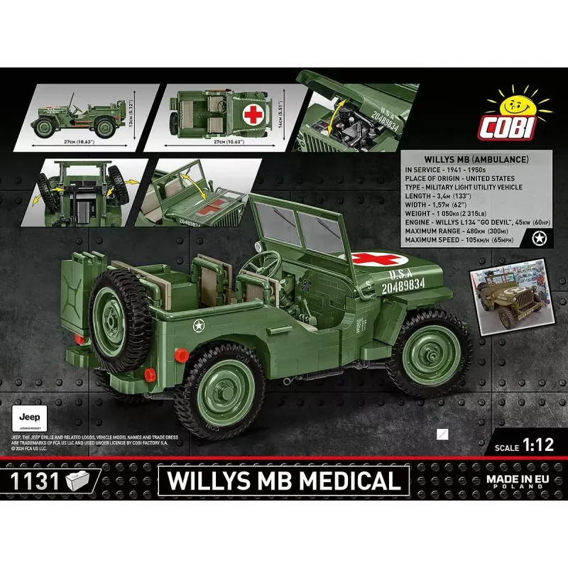 Ehituskomplekt COBI Willys MB Medical 1131 osa vanusele 10+