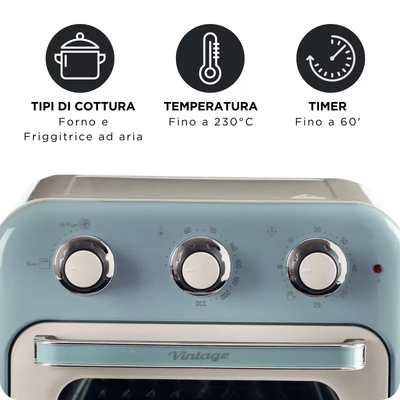 Ariete 4632 õhufritüür ja ahi Vintage, 1400W, 2in1, mahutavus 16L, tarvikud kaasas, taimer 60 minutit, topeltklaas, sinine