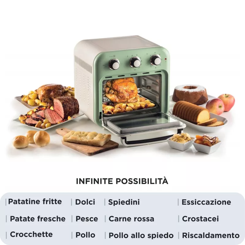 Ariete 4632 õhufritüür ja ahi Vintage, 1400W, 2in1, mahutavus 16L, tarvikud kaasas, taimer 60 minutit, topeltklaas, roheline