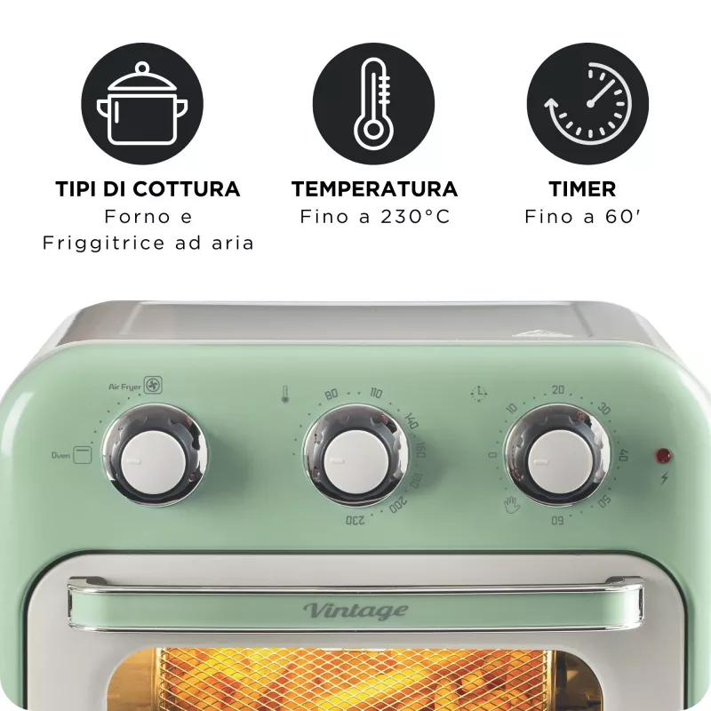 Ariete 4632 õhufritüür ja ahi Vintage, 1400W, 2in1, mahutavus 16L, tarvikud kaasas, taimer 60 minutit, topeltklaas, roheline