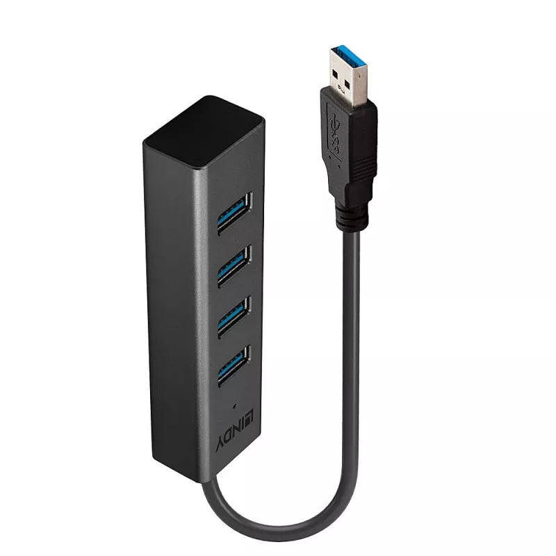 Lindy 4 pordiga USB 3.0 jaotur, USB 3.2 Gen 1 (3.1 Gen 1) Type-A, USB 3.2 Gen 1 (3.1 Gen 1) Type-A, 5000 Mbit/s, must, alumiinium, plastik, 0,3 m