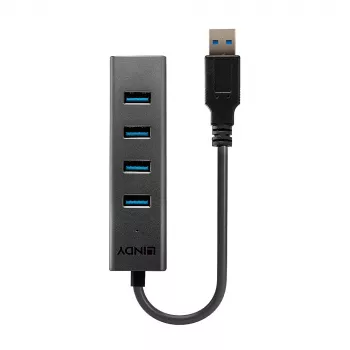 Lindy 4 pordiga USB 3.0 jaotur, USB 3.2 Gen 1 (3.1 Gen 1) Type-A, USB 3.2 Gen 1 (3.1 Gen 1) Type-A, 5000 Mbit/s, must, alumiinium, plastik, 0,3 m
