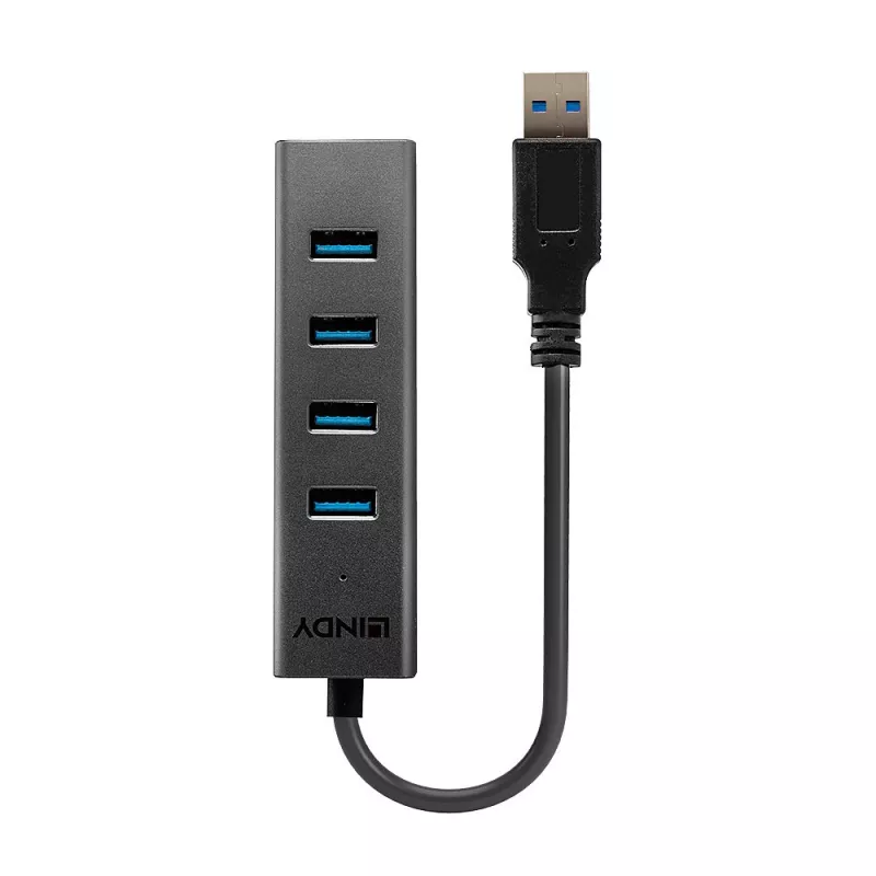 Lindy 4 pordiga USB 3.0 jaotur, USB 3.2 Gen 1 (3.1 Gen 1) Type-A, USB 3.2 Gen 1 (3.1 Gen 1) Type-A, 5000 Mbit/s, must, alumiinium, plastik, 0,3 m