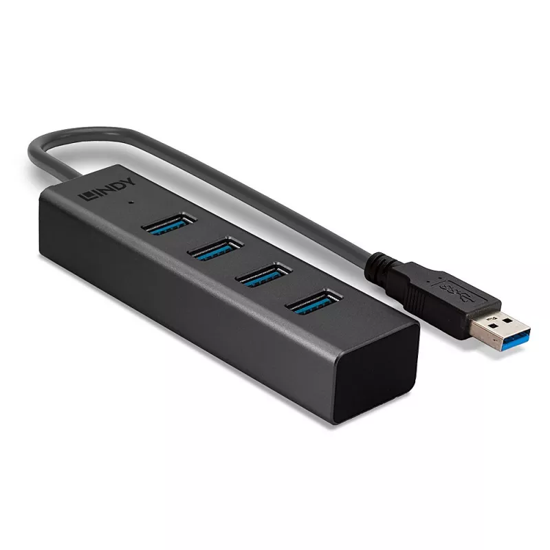 Lindy 4 pordiga USB 3.0 jaotur, USB 3.2 Gen 1 (3.1 Gen 1) Type-A, USB 3.2 Gen 1 (3.1 Gen 1) Type-A, 5000 Mbit/s, must, alumiinium, plastik, 0,3 m
