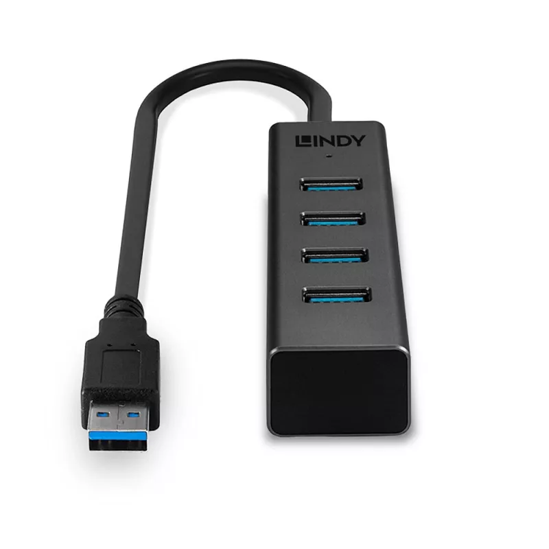 Lindy 4 pordiga USB 3.0 jaotur, USB 3.2 Gen 1 (3.1 Gen 1) Type-A, USB 3.2 Gen 1 (3.1 Gen 1) Type-A, 5000 Mbit/s, must, alumiinium, plastik, 0,3 m