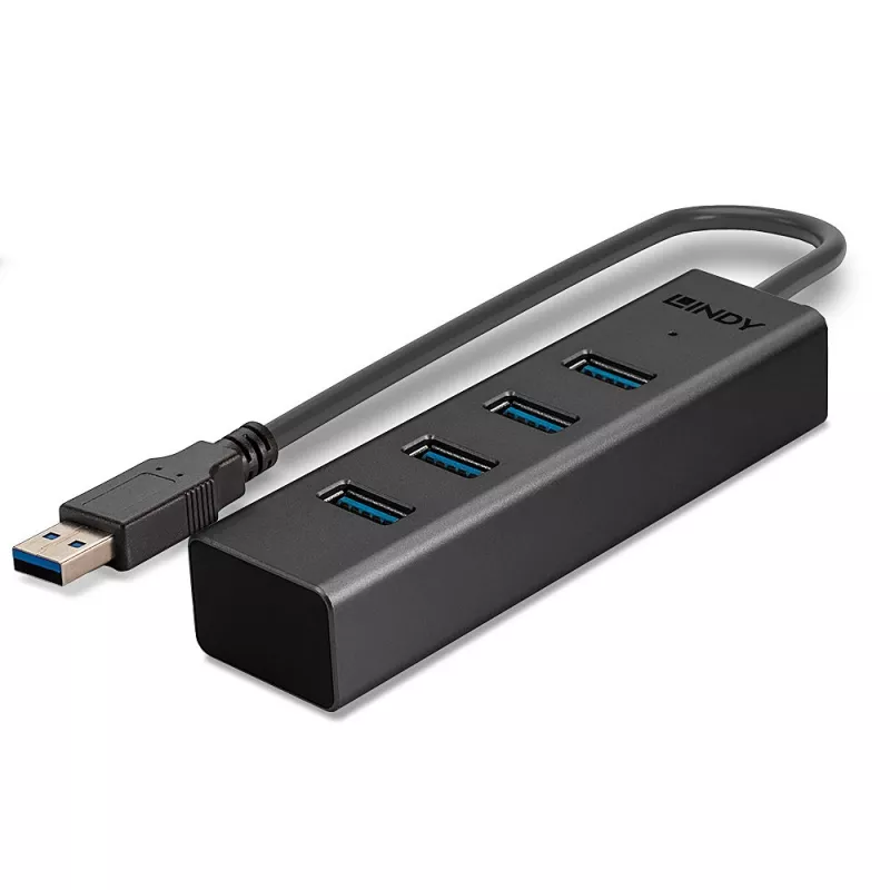 Lindy 4 pordiga USB 3.0 jaotur, USB 3.2 Gen 1 (3.1 Gen 1) Type-A, USB 3.2 Gen 1 (3.1 Gen 1) Type-A, 5000 Mbit/s, must, alumiinium, plastik, 0,3 m