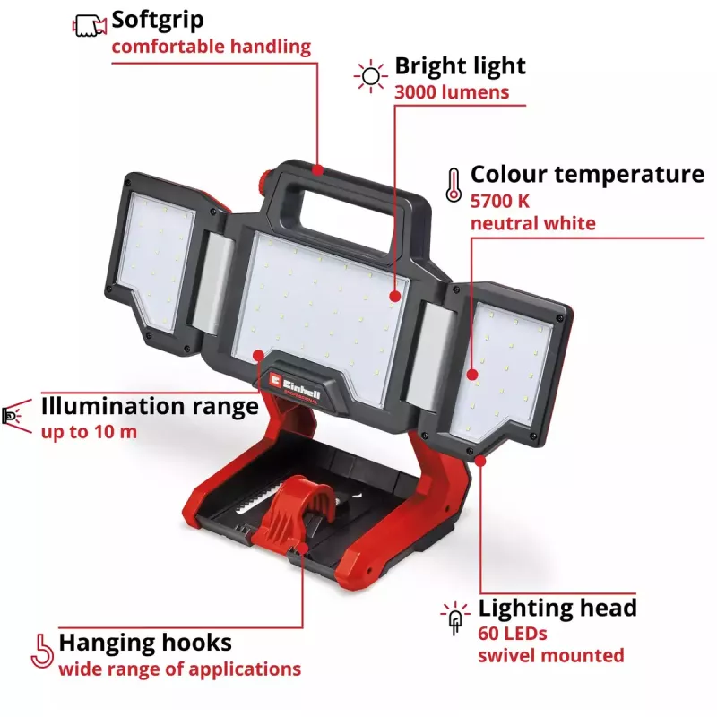 Juhtmeta lamp EINHELL TP-CL 18/3000 Li Set Solo — laetav töövalgusti, punane, müüakse ilma aku ja laadijata