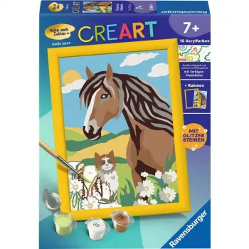 Maalimiskomplekt Ravensburger CreArt – hobuse ja kassipoja motiiv, paberile maalimise loomingukomplekt