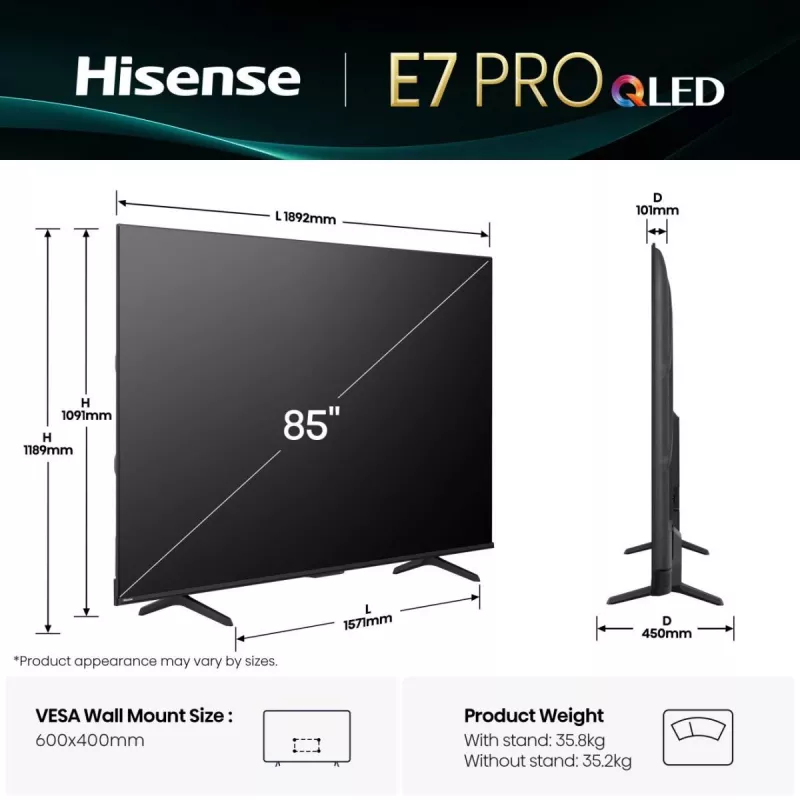 Hisense 85E77Q PRO 2.16 m (85 tolli) 4K Ultra HD nutiteler Wi-Fi must