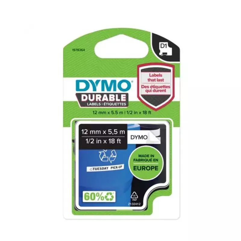 DYMO autentsed D1 vastupidavad sildid | Must trükk valgel lindil | 12 mm x 5,5 m | Suure jõudlusega sildilint LabelManager silditegijatele