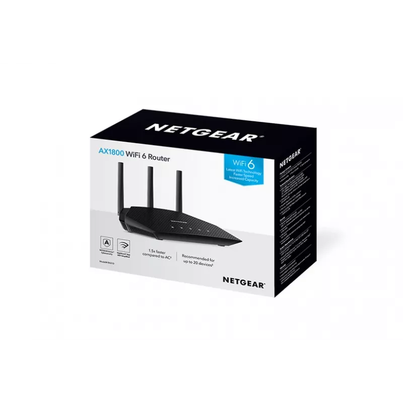 NETGEAR Nighthawk 4-Stream AX1800 WiFi 6 ruuter (RAX10) traadita ruuter Gigabit Ethernet Kaheribaline (2,4 GHz / 5 GHz) Must