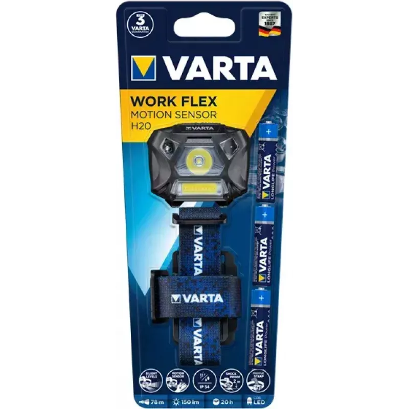Pealambiga taskulamp Varta WORK FLEX MOTION SENSOR H20 Must Sinine LED 150 lm 20 h