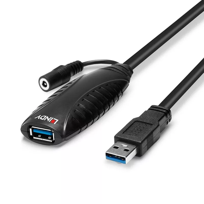 Lindy 10m USB 3.0 aktiivne pikendus, 10 m, USB A, USB A, USB 3.2 Gen 1 (3.1 Gen 1), 5 Gbit/s, Must
