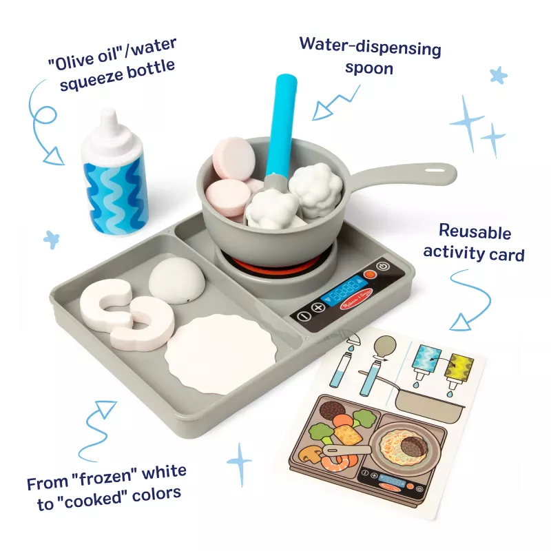 Melissa & Doug Simmer & Stir Stovetop Play Set koos Water WOW värvimuutva mängutoiduga, eelkooliealine mänguasi, vanusele 3+