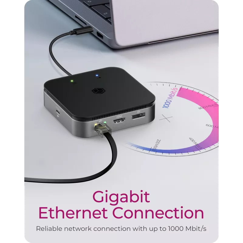 ICY BOX 7-in-1 USB4® dokkimisjaam kahe video väljundiga, juhtmega, USB4, 60 W, 3.5 mm, 10,100,1000 Mbit/s, antratsiit