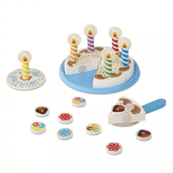 Melissa & Doug sünnipäevapeo tort - puidust mängutoidukomplekt kokkusobitatavate lisandite ja 7 küünlaga