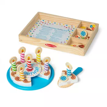 Melissa & Doug sünnipäevapeo tort - puidust mängutoidukomplekt kokkusobitatavate lisandite ja 7 küünlaga