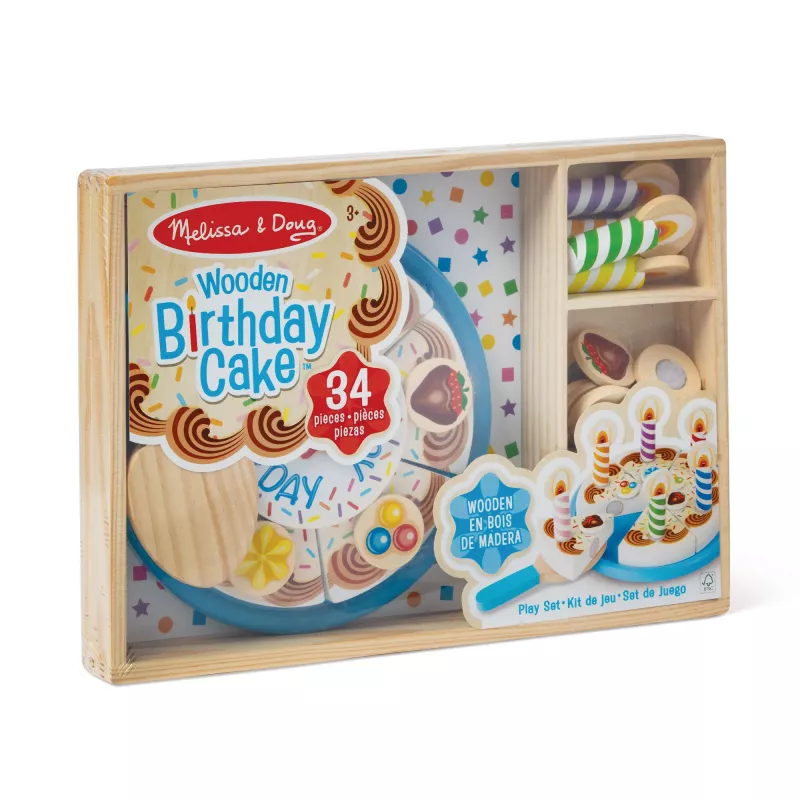 Melissa & Doug sünnipäevapeo tort - puidust mängutoidukomplekt kokkusobitatavate lisandite ja 7 küünlaga