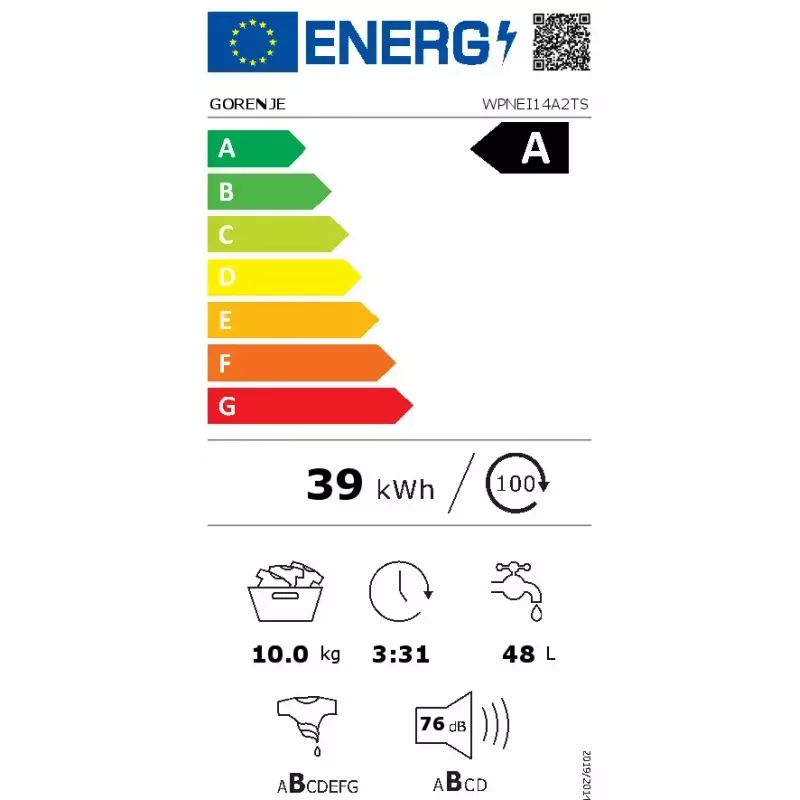 Gorenje WPNEI14A2TS pesumasin eesttäidetav 10 kg 1400 p/min Must, Valge