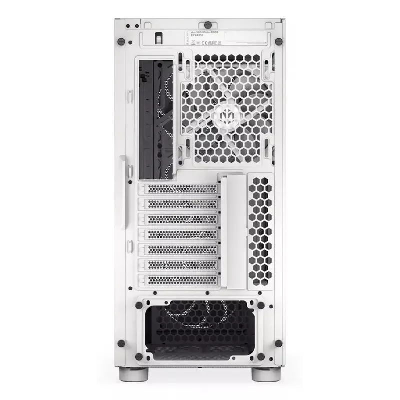 PC Midi Torn korpus ENDORFY ARX 500 ARGB Valge — karastatud klaas, toetab ATX/Micro-ATX/Mini-ITX, 3x140mm ees + 1x140mm taga, 1×3,5-tolline + 6×2,5-tollist pesa