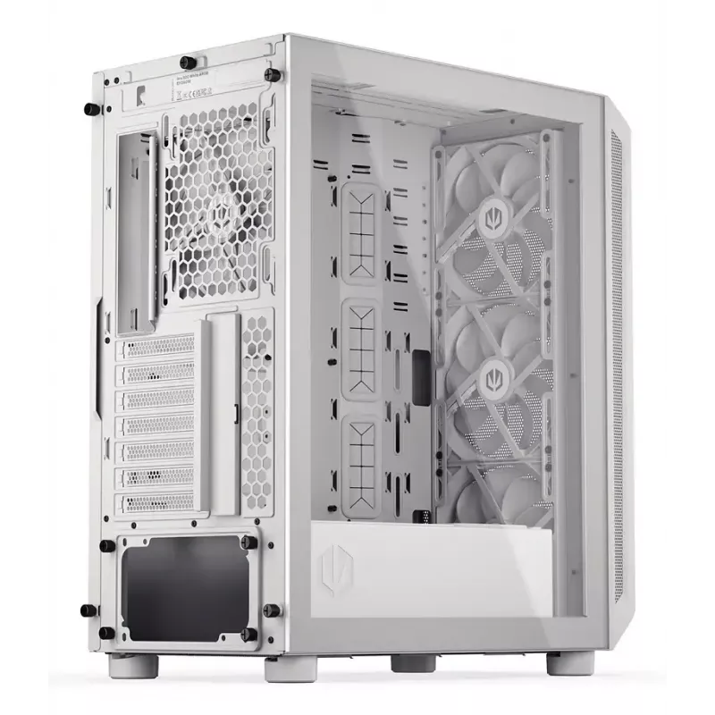 PC Midi Torn korpus ENDORFY ARX 500 ARGB Valge — karastatud klaas, toetab ATX/Micro-ATX/Mini-ITX, 3x140mm ees + 1x140mm taga, 1×3,5-tolline + 6×2,5-tollist pesa