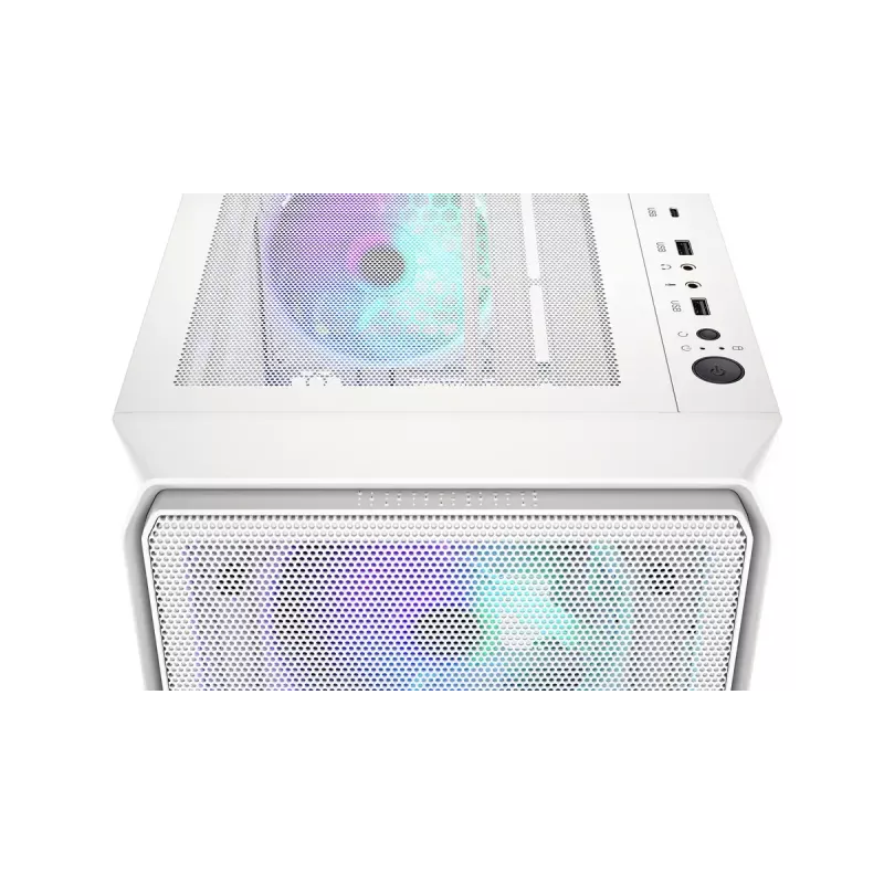 PC Midi Torn korpus ENDORFY ARX 500 ARGB Valge — karastatud klaas, toetab ATX/Micro-ATX/Mini-ITX, 3x140mm ees + 1x140mm taga, 1×3,5-tolline + 6×2,5-tollist pesa