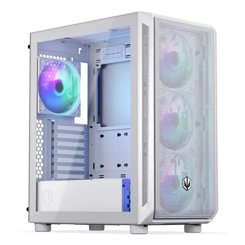PC Midi Torn korpus ENDORFY ARX 500 ARGB Valge — karastatud klaas, toetab ATX/Micro-ATX/Mini-ITX, 3x140mm ees + 1x140mm taga, 1×3,5-tolline + 6×2,5-tollist pesa