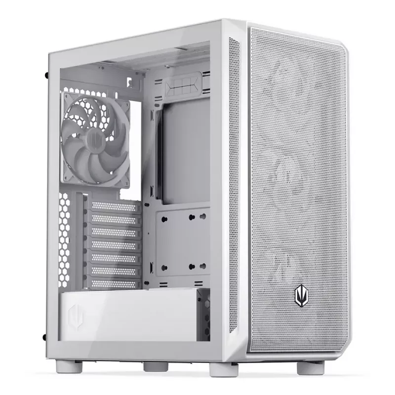 PC Midi Torn korpus ENDORFY ARX 500 ARGB Valge — karastatud klaas, toetab ATX/Micro-ATX/Mini-ITX, 3x140mm ees + 1x140mm taga, 1×3,5-tolline + 6×2,5-tollist pesa