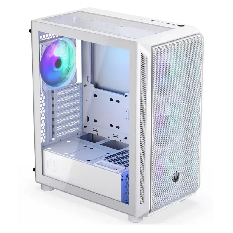 PC Midi Torn korpus ENDORFY ARX 500 ARGB Valge — karastatud klaas, toetab ATX/Micro-ATX/Mini-ITX, 3x140mm ees + 1x140mm taga, 1×3,5-tolline + 6×2,5-tollist pesa
