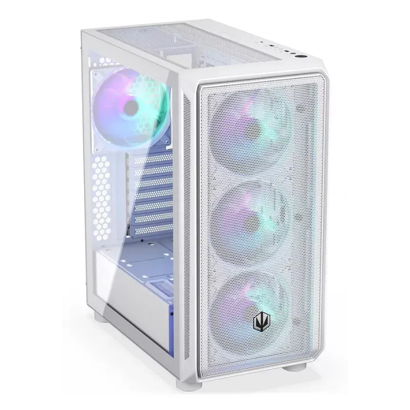 PC Midi Torn korpus ENDORFY ARX 500 ARGB Valge — karastatud klaas, toetab ATX/Micro-ATX/Mini-ITX, 3x140mm ees + 1x140mm taga, 1×3,5-tolline + 6×2,5-tollist pesa