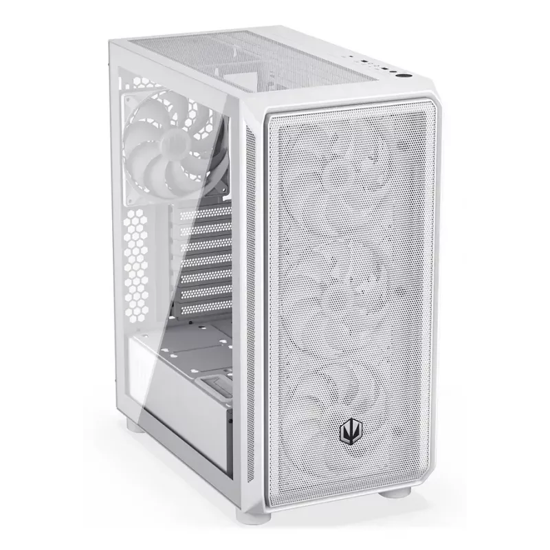 PC Midi Torn korpus ENDORFY ARX 500 ARGB Valge — karastatud klaas, toetab ATX/Micro-ATX/Mini-ITX, 3x140mm ees + 1x140mm taga, 1×3,5-tolline + 6×2,5-tollist pesa