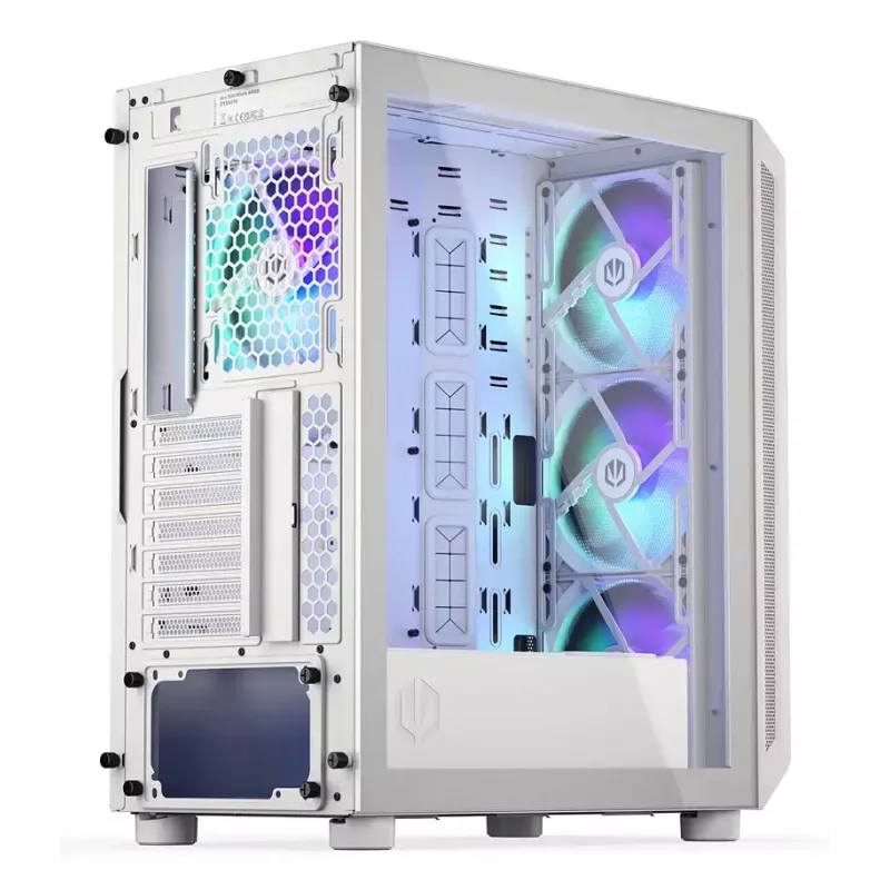 PC Midi Torn korpus ENDORFY ARX 500 ARGB Valge — karastatud klaas, toetab ATX/Micro-ATX/Mini-ITX, 3x140mm ees + 1x140mm taga, 1×3,5-tolline + 6×2,5-tollist pesa