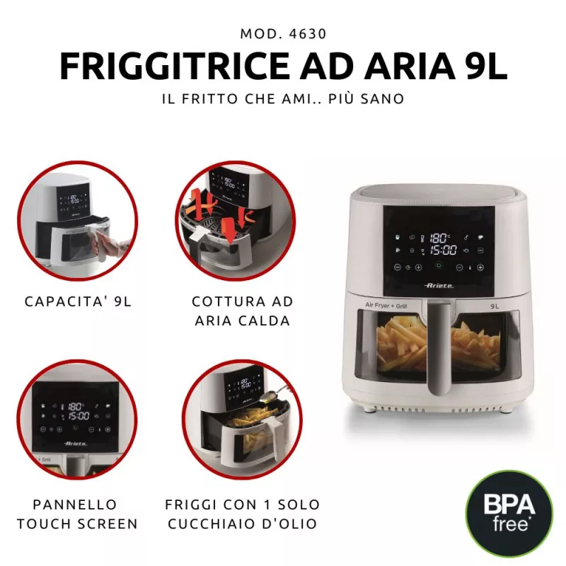 Ariete 4630 Õhufritüür 9L, 1300W, Maht 9L, Toiduvalmistamismaht 2,5kg, 8 eelseadistatud programmi, Temperatuur kuni 200°, Läbipaistev korv toiduvalmistamise kontrollimiseks, Valge