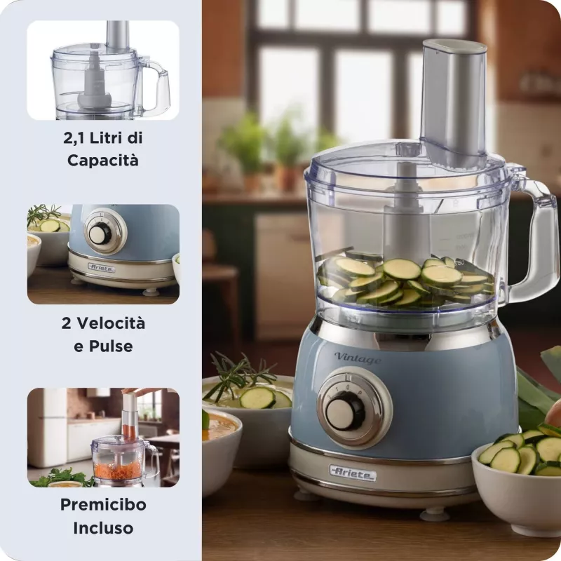 Köögikombain ARIETE Vintage Line 1781/05 — 1000 W, 2,1 L kauss, pöördnupp, roostevabast terasest tera, sinine