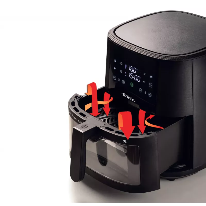 Ariete 4630 Õhufritüür 9L, 1300W, Mahutavus 9L, Toiduvalmistamise maht 2,5 kg, 8 eelseadistatud programmi, Temperatuur kuni 200°, Läbipaistev korv toiduvalmistamise kontrollimiseks, Must